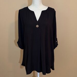 Wonderly Solid Black Tab Sleeve Airflow Woven Blouse Large